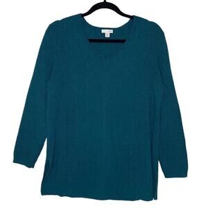 J. Jill Blue Petite Long Sleeve V-Neck Slit Side Cotton Blend Sweater